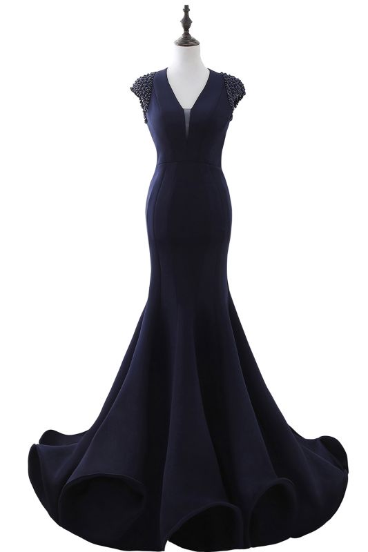 CAMILLA | Mermaid V-Neck Dark Navy Prom Dresses with Beading