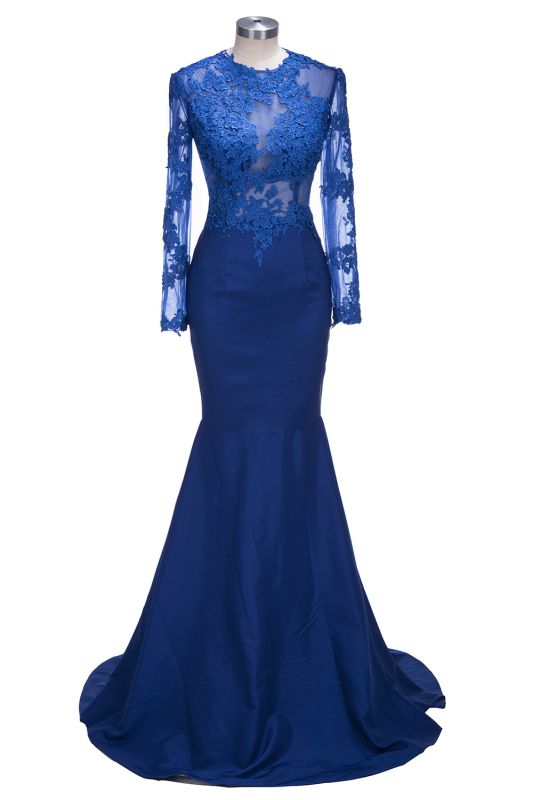 Long-Sleeves Royal-Blue Sheer Long Mermaid Lace Prom Dresses ...