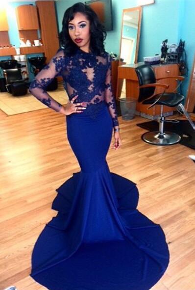 Long-Sleeves Royal-Blue Sheer Long Mermaid Lace Prom Dresses ...