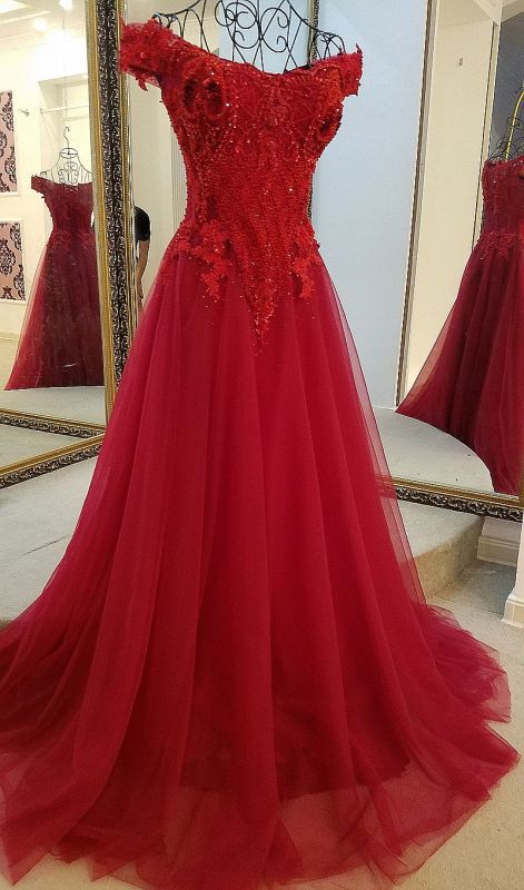 Tulle Off-The-Shoulder A-Line Sweep Train Applique Evening Dresses