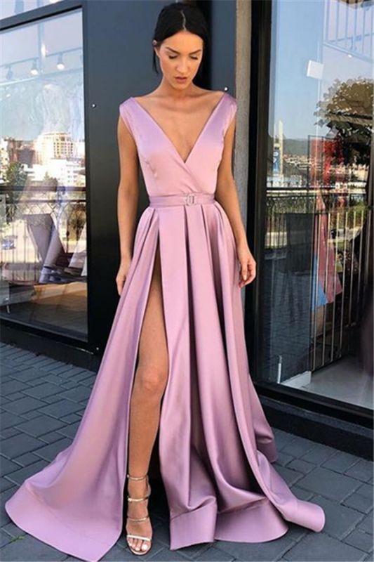 Pink Straps Deep-V-Neck Side-Slit  Prom Dresses