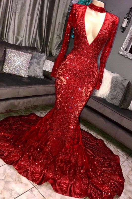 Glamorous Mermaid Long Sleeve Deep V-neck Lace Appliques Long Prom Dresses