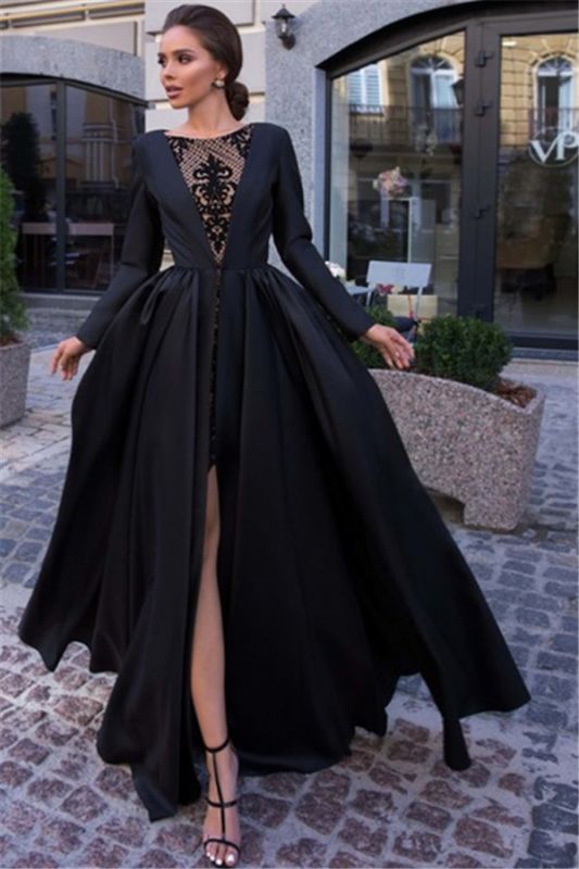 Newly Black Lone Sleeves Side-Slit A-Line Prom Dresses ...