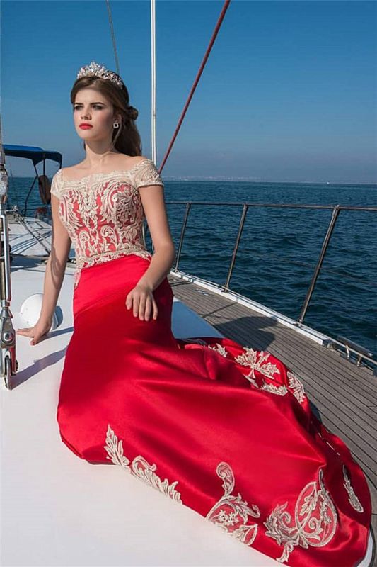 Cap-Sleeves Appliques Red Long Evening Dresses