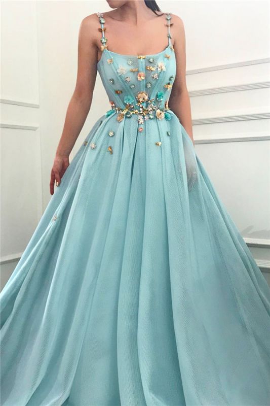 Sexy Spaghetti Straps Sleeveless Long Prom Dress | A Line Beading Flowers   Prom Dress