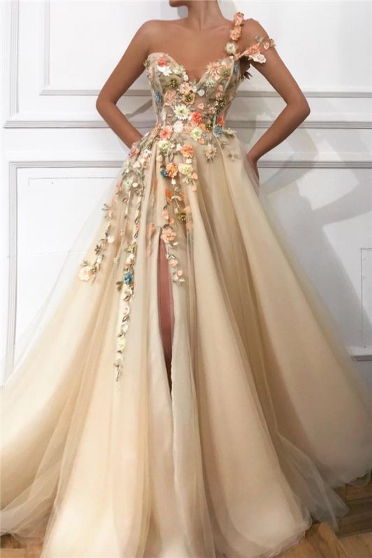 Robe de bal élégante en tulle avec bandoulière et épaule | Chérie sexy appliques fendue robe de bal de fleurs