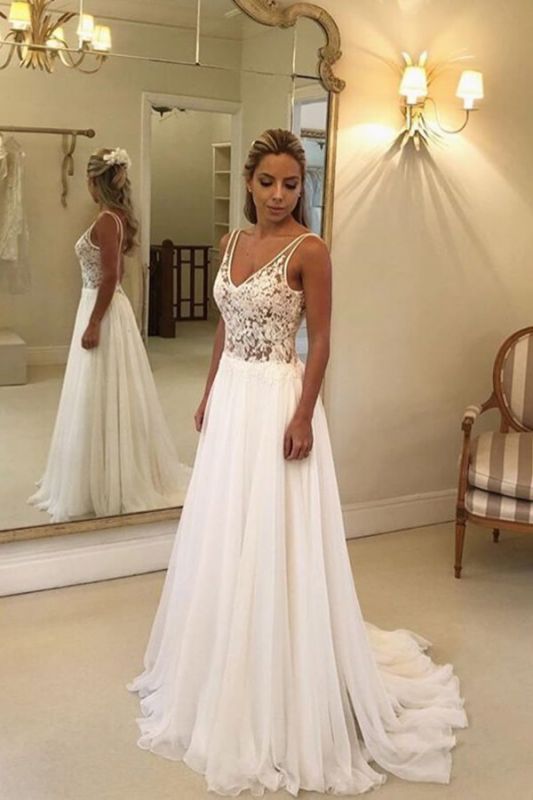 Open Back Sleeveless Aline Wedding Dress Elegant Lace Bridal Dress