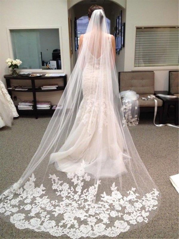 White/Ivory Wedding Veil Cathedral Length with Bomb Lace Appliques Bridal Veil