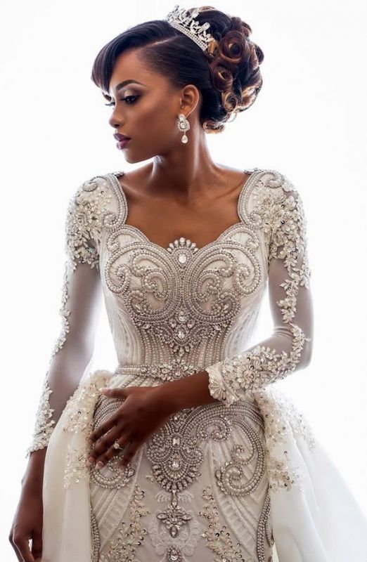 Mermaid Bridal Gown with Sweep Train Beads Wedding Dress Long Sleeves Lace Appliques