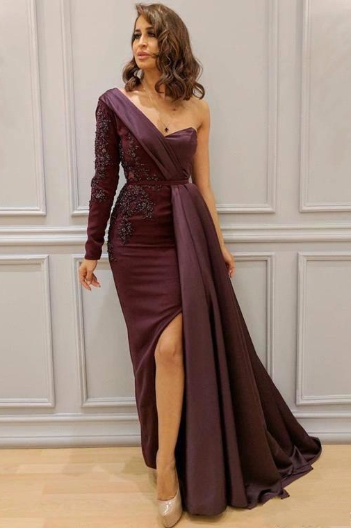 One-shoulder Appliqued Sheath Slit Evening Maxi Dresses