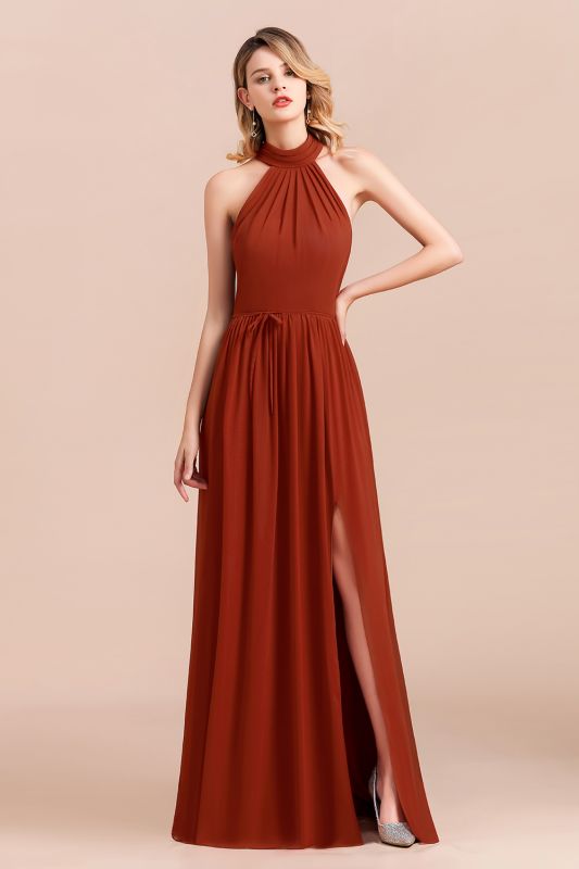 Elegant Halter Rust Long Chiffon Bridesmaid Dresses with Front Slit