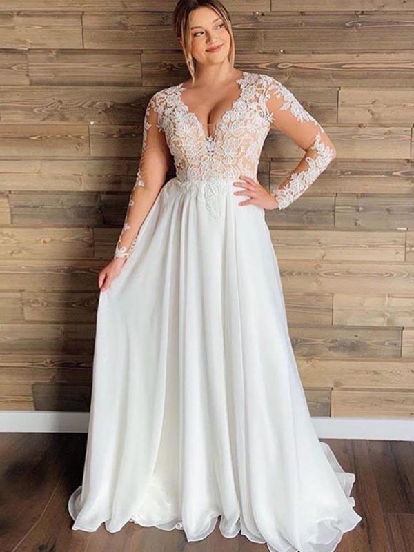 Gorgeous V-Neck Long Sleeves Lace Ruffles Wedding Dresses