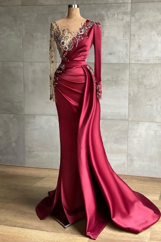 Stunning Burgundy Satin Prom dresses with Side Sweep Train | Mermaid Party Dress with long sleeves