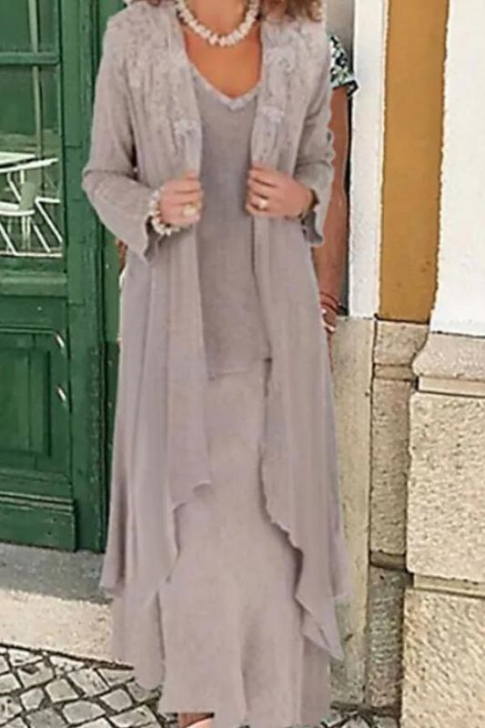 3-teiliges Chiffon-Kleid für die Brautmutter mit langen Ärmeln