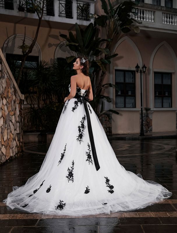 black applique wedding dress