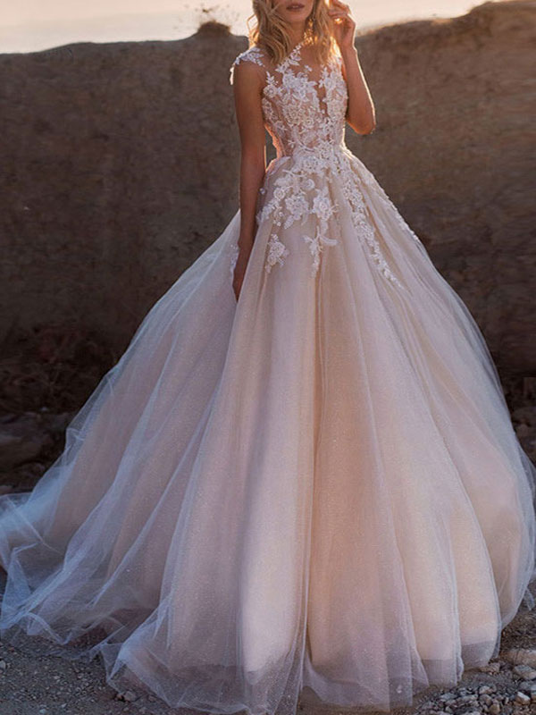 Wedding Dresses 2021 Princess Silhouette Jewel Neck Sleeveless Natural Waist Lace Soft Pink Tulle Bridal Gowns