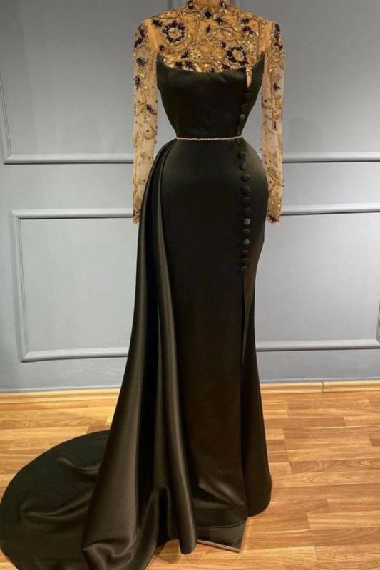 Robe de bal sirène noire à manches longues, perles de strass dorées brillantes avec train trompette de balayage