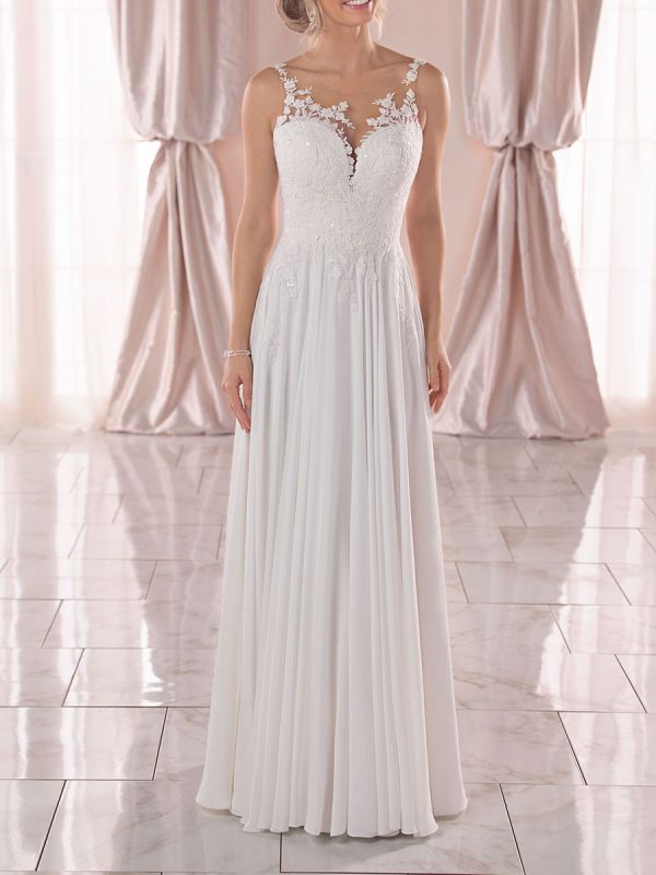 White Simple Wedding Dress A-Line V-Neck Sleeveless Backless Long Lace ...