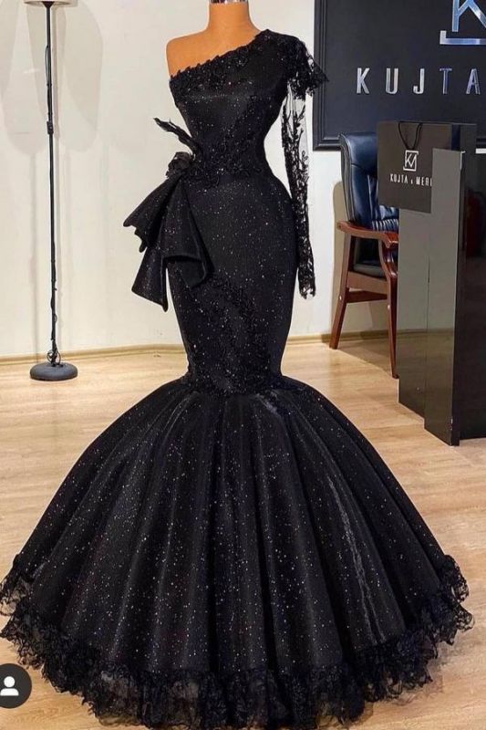 Charmante robe de soirée sirène à paillettes en tulle noir une épaule robe de bal de soirée