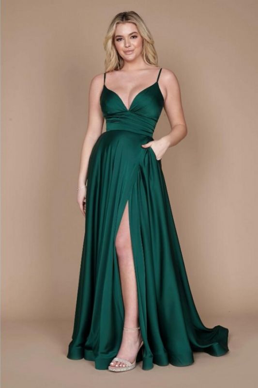 Sexy Sleeveless Side Slit Long Evening Dress Spaghetti Straps Satin ...