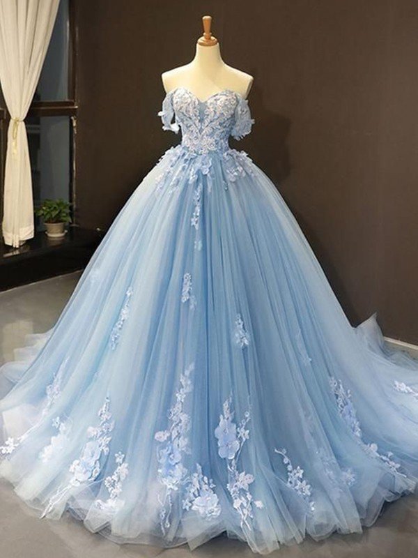 Robe de Quinceanera en dentelle de tulle à épaules dénudées bleu ciel avec motif floral