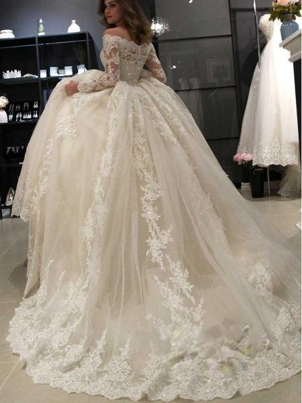 Gorgeous Off Shoulder Long Sleeves ALine Ball Gown Floral Appliques ...