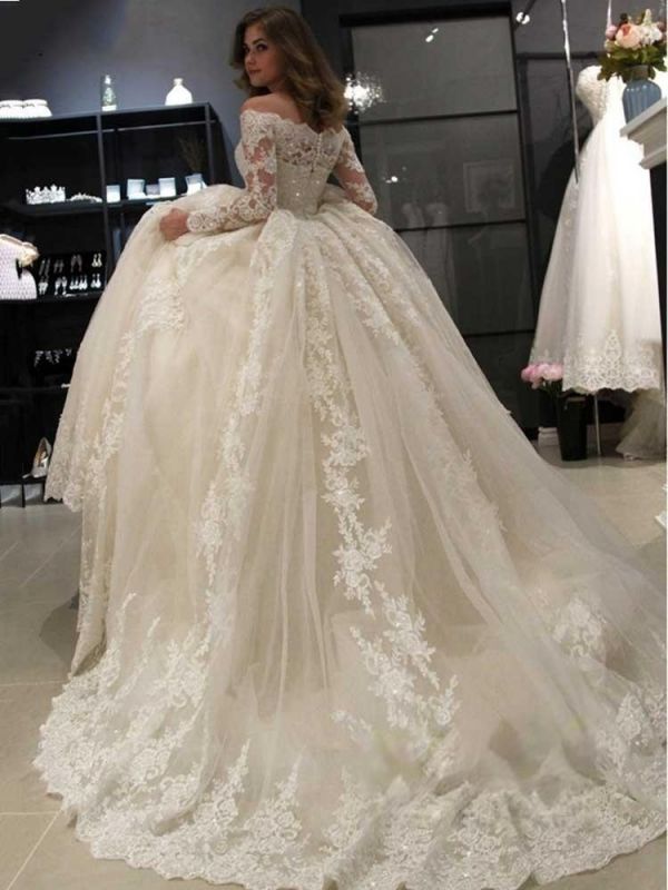 Gorgeous Off Shoulder Long Sleeves ALine Ball Gown Floral Appliques ...