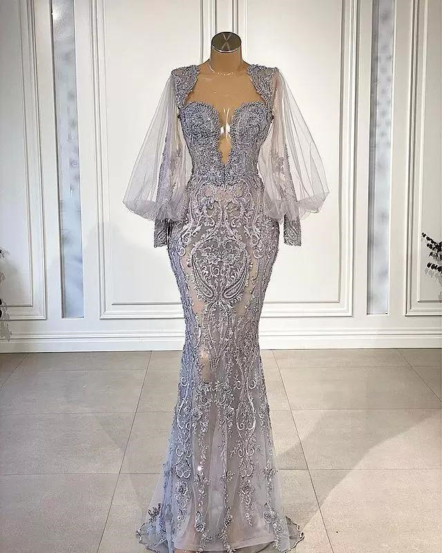 Superbe robe de soirée sirène en dentelle de tulle avec manches bouffantes