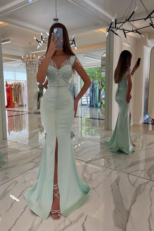 Mint Green Satin Mermaid Prom Dress Front Split Sweetheart Sequins Rhinestone Long Evening Party Dress