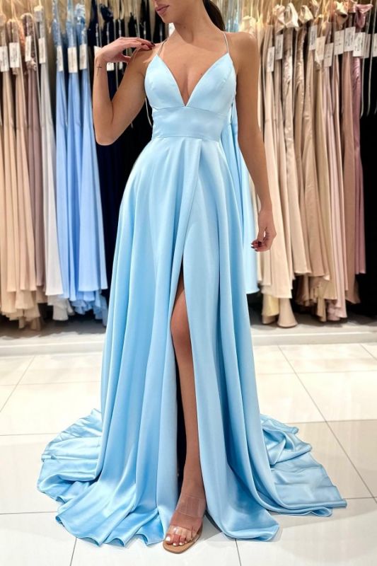 Halter Sky Blue Front Split Evening Dress V-Neck Satin Floor Length Formal Dresses