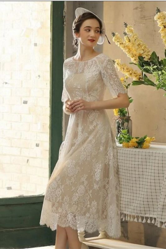 Elegant Half Sleeves Lace Short Wedding Dress Vintage Jewel Neck Ankle Length Bridal Dress