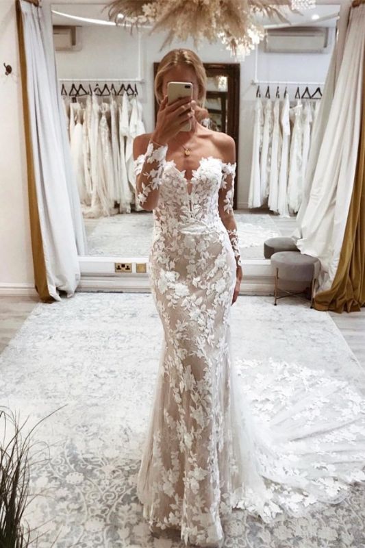 Stylish Off Shoulder Long Sleeves Floral Lace Mermaid Wedding Dress