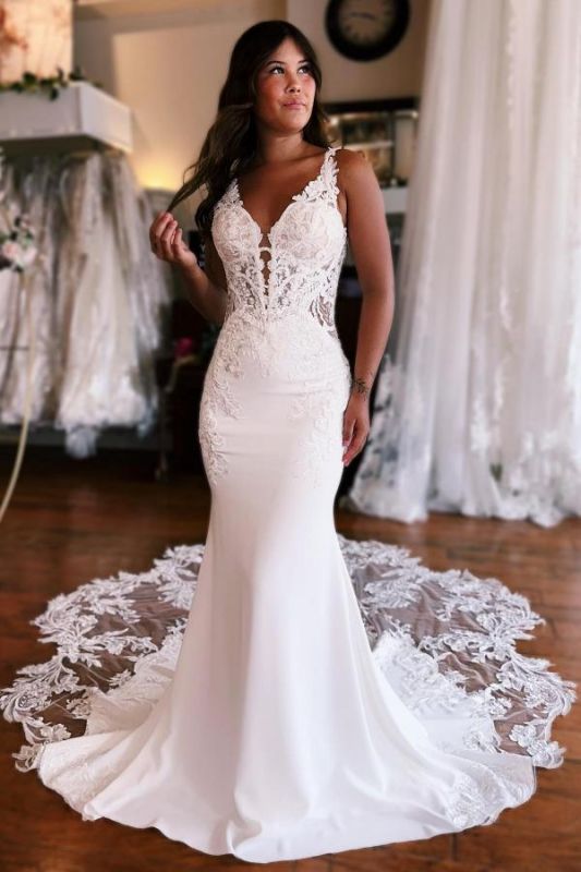 Gorgeous Sleeveless Mermaid Wedding Dress V-Neck Floral Lace Bridal Gown