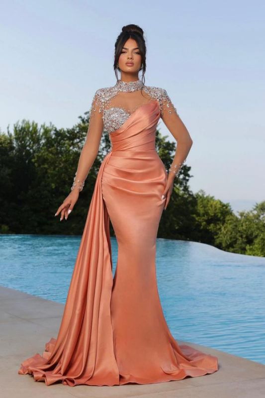 Sexy High Neck Crystals Satin Mermaid Prom Dress Long Sleeves Evening Dress with Sweep Train