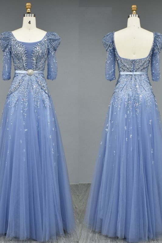 Gorgeous Puffy Half Sleeves Tulle Crystals Pricess Long Evening Dress