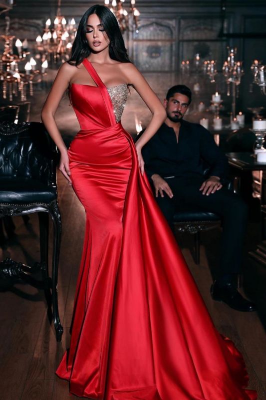 Charming Red Satin Mermaid Prom Dresses Glitter Sequins One Shoulder Floor-Length Party Dress with Sweep Train