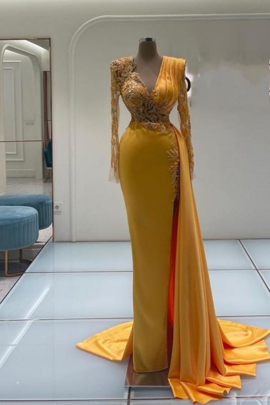 Gorgeous Yellow Satin Mermaid Prom Dress with Sleeves Appliques Side Slit Evening Dress