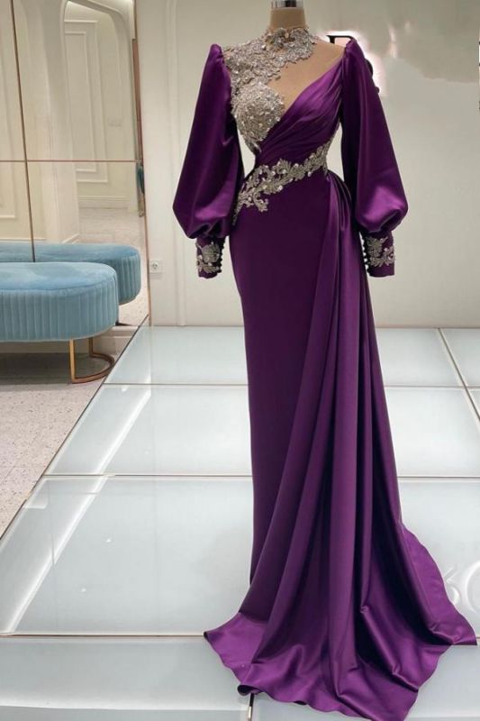 Luxury Long Sleeves Mermaid Prom Dress Appliques High Neck Satin Long Evening Dresses