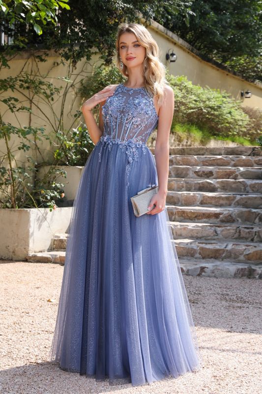 Charming Sleeveless Tulle Lace Aline Evening Dress Crew Neck Glitter Formal Dress with Appliques