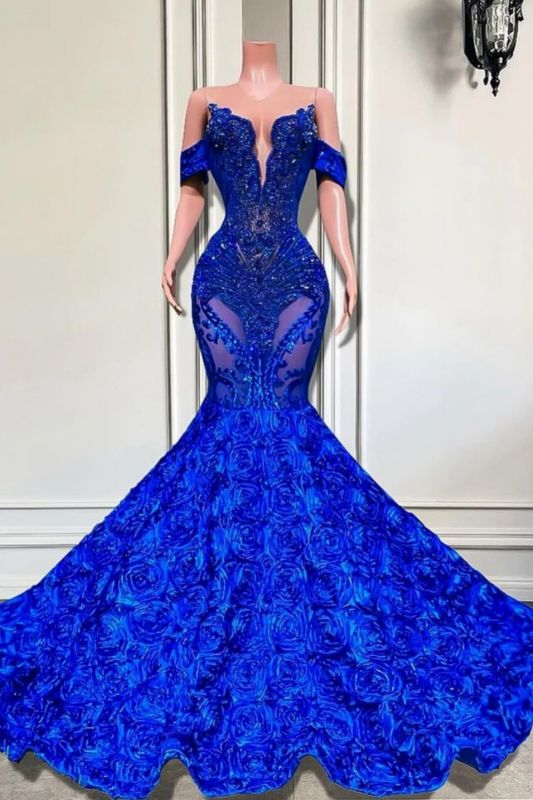 Charmante robe de bal sirène à épaules dénudées et cristaux bleu royal avec perles