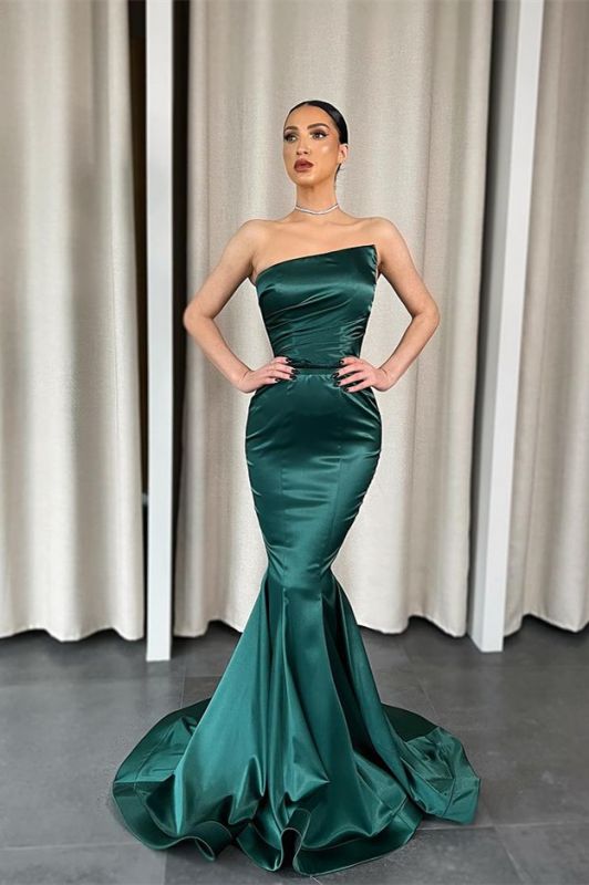 Robe de bal sirène vert foncé sans bretelles, robe de soirée moulante en satin sans manches