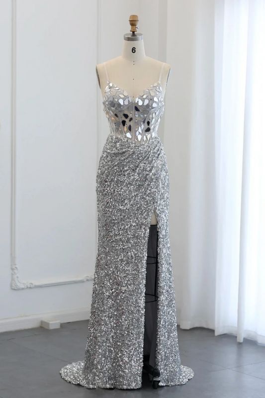 Spaghetti Straps Sequin Mermaid Evening Dresses with Side Slit Glitter Long Party Gowns