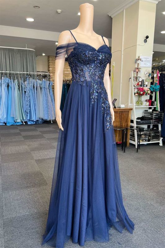 Robe de soirée bleu marine à épaules dénudées, robes formelles en dentelle et tulle avec appliques