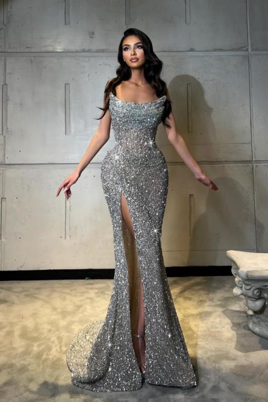 Charming Strapless Sparkly Sequins Mermaid Prom Dresses Silver Side Split Bodycon Party Dress