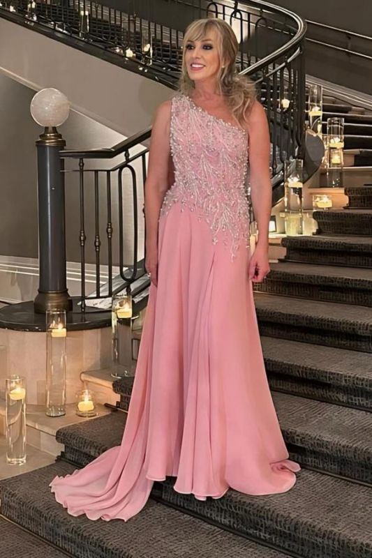 One-Shoulder-Rosa Chiffon Hochzeitsgast Kleid Perlen Lange Abendkleider