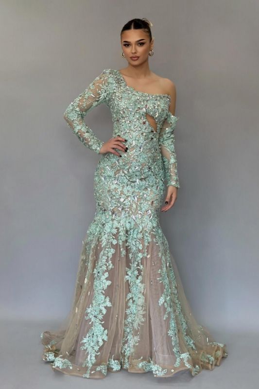 One Shoulder Mermaid Prom Dress with Sleeves Floral Appliques Floor Length Evening Dress