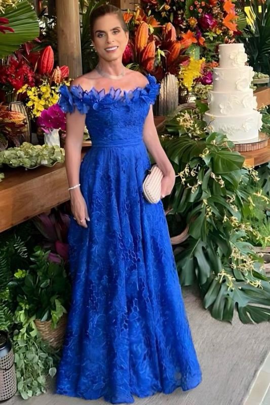 Off-the-Shoulder Royal Blue Evening Dress Floral Lace Long Wedding Guest Dress