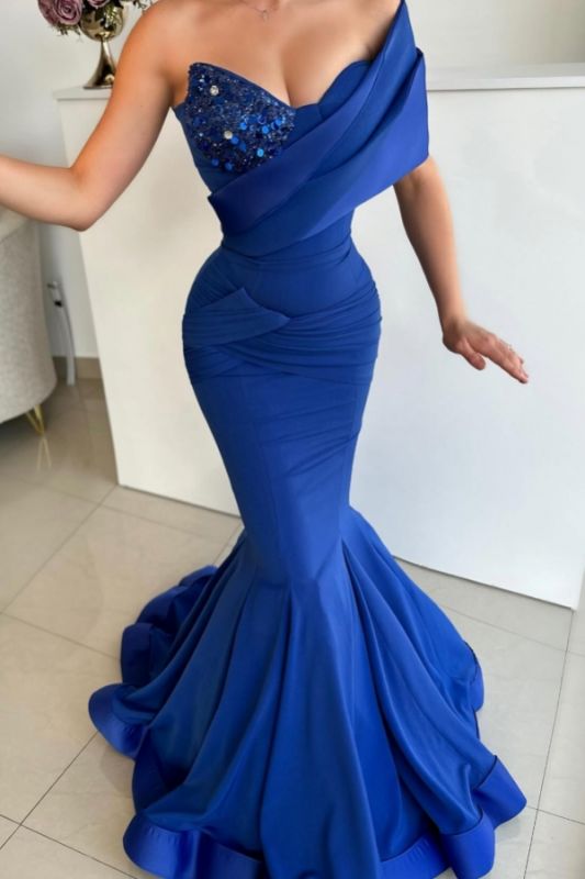 Off-the Shoulder Royal Blue Floor Length Formal Dress Sequins Mermaid Prom Dress