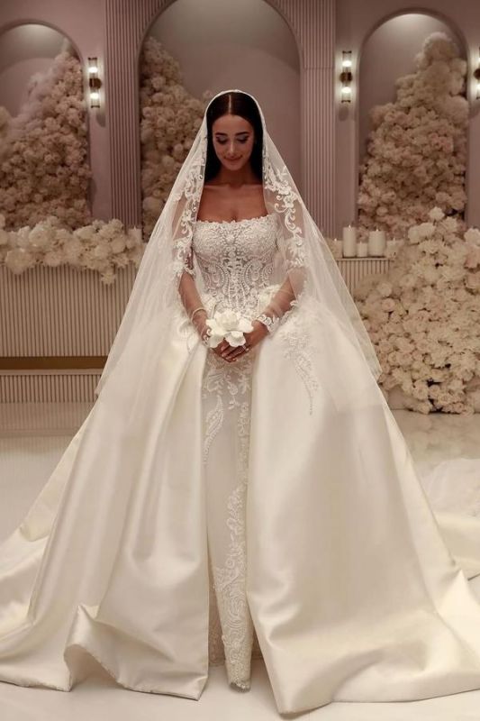 Magnifique robe de bal sans bretelles en dentelle et tulle, robe de mariée trapèze avec traîne en satin