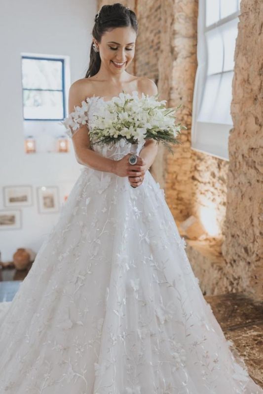 Off-the-Shoulder White Aline Wedding Dress Floral Lace Ball Gown Cathedral Bridal Dress